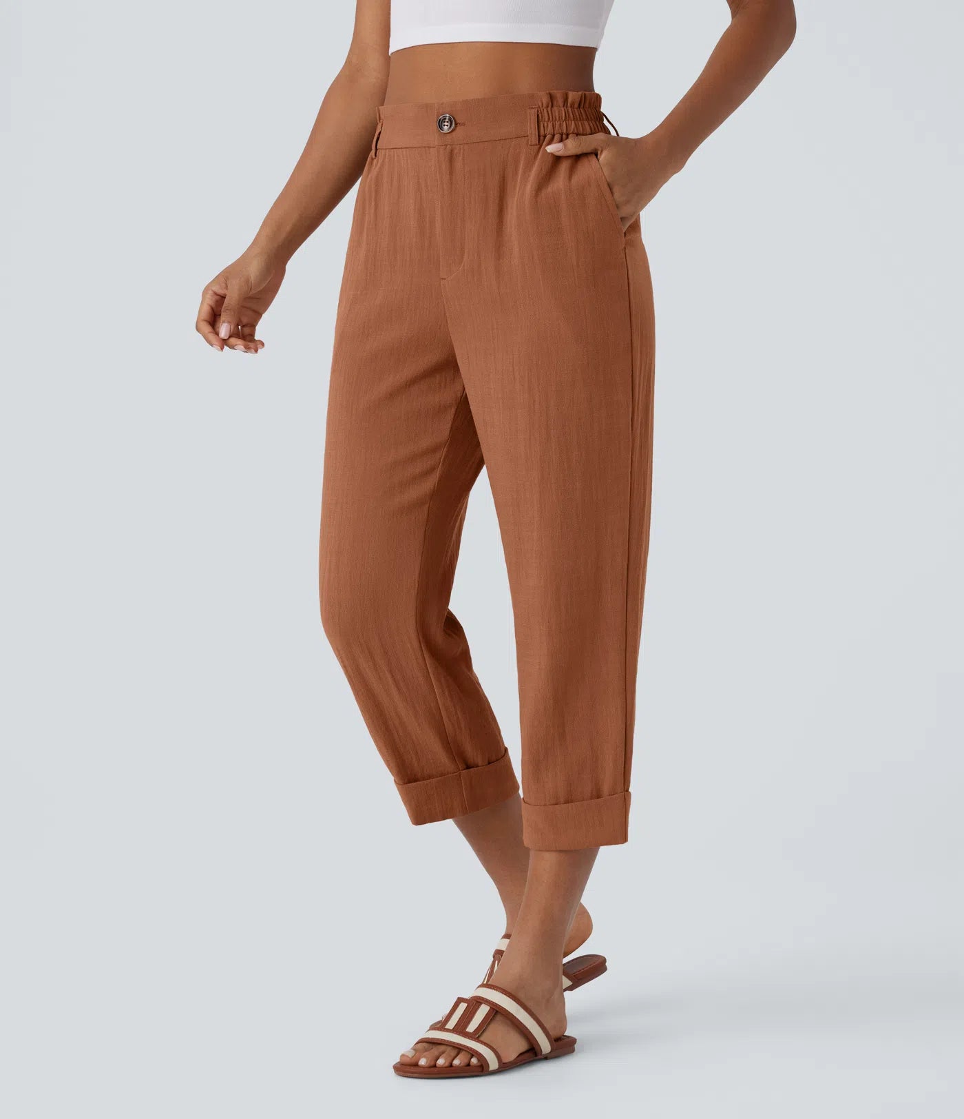 Pantalon capri taille haute effet lin - Harana