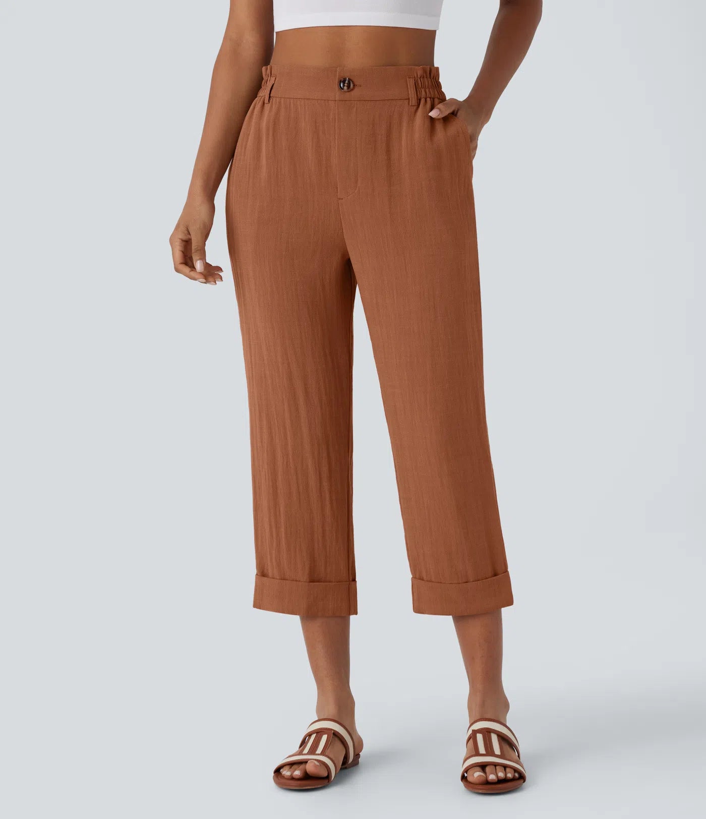 Pantalon capri taille haute effet lin - Harana