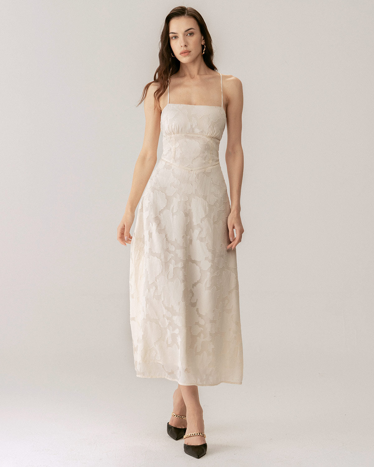 Robe longue jacquard à fines bretelles abricot - Harana