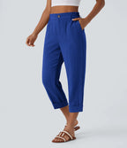 Pantalon capri taille haute effet lin - Harana
