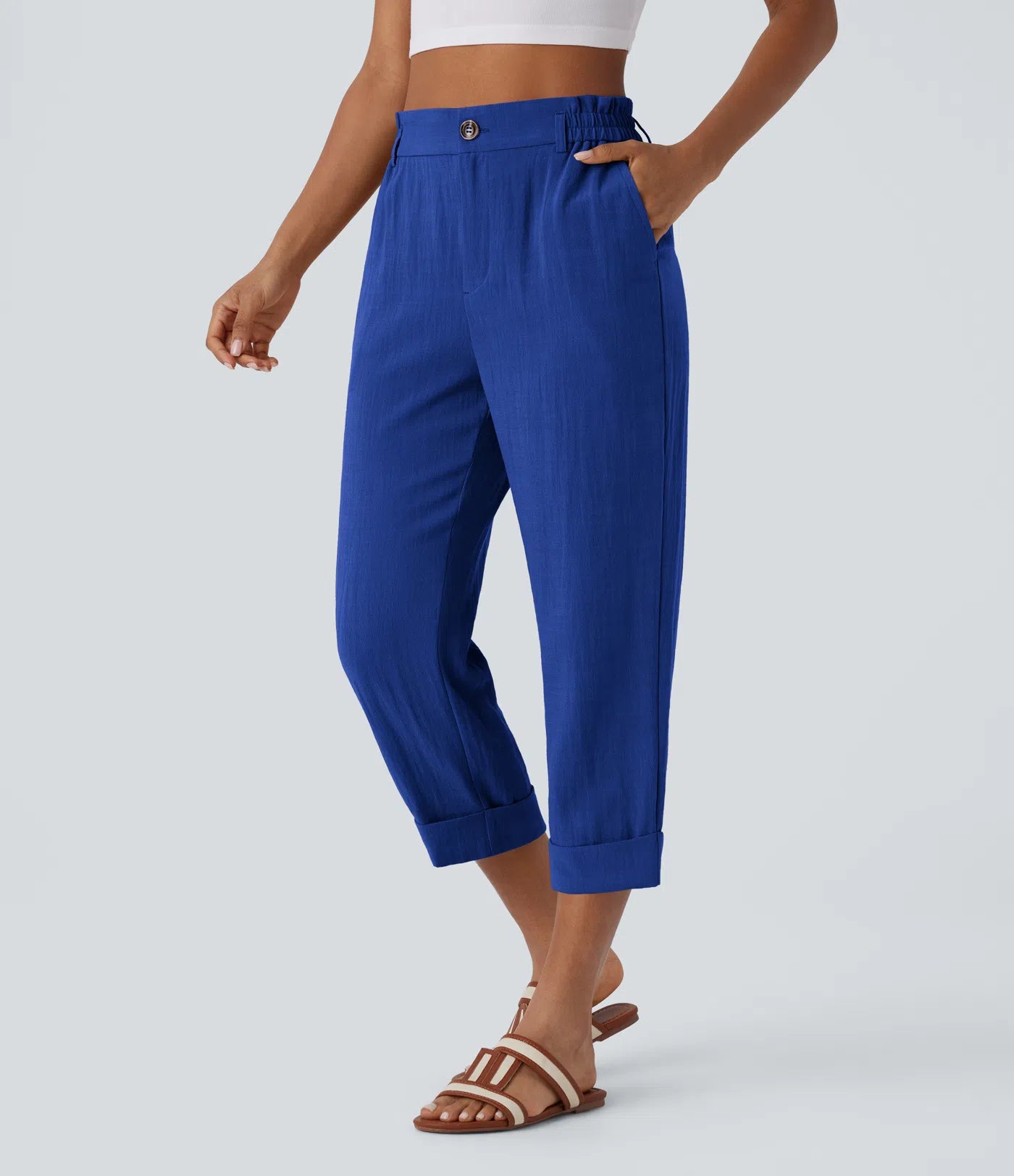 Pantalon capri taille haute effet lin - Harana