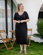 Robe midi noire fluide à fines bretelles - Harana