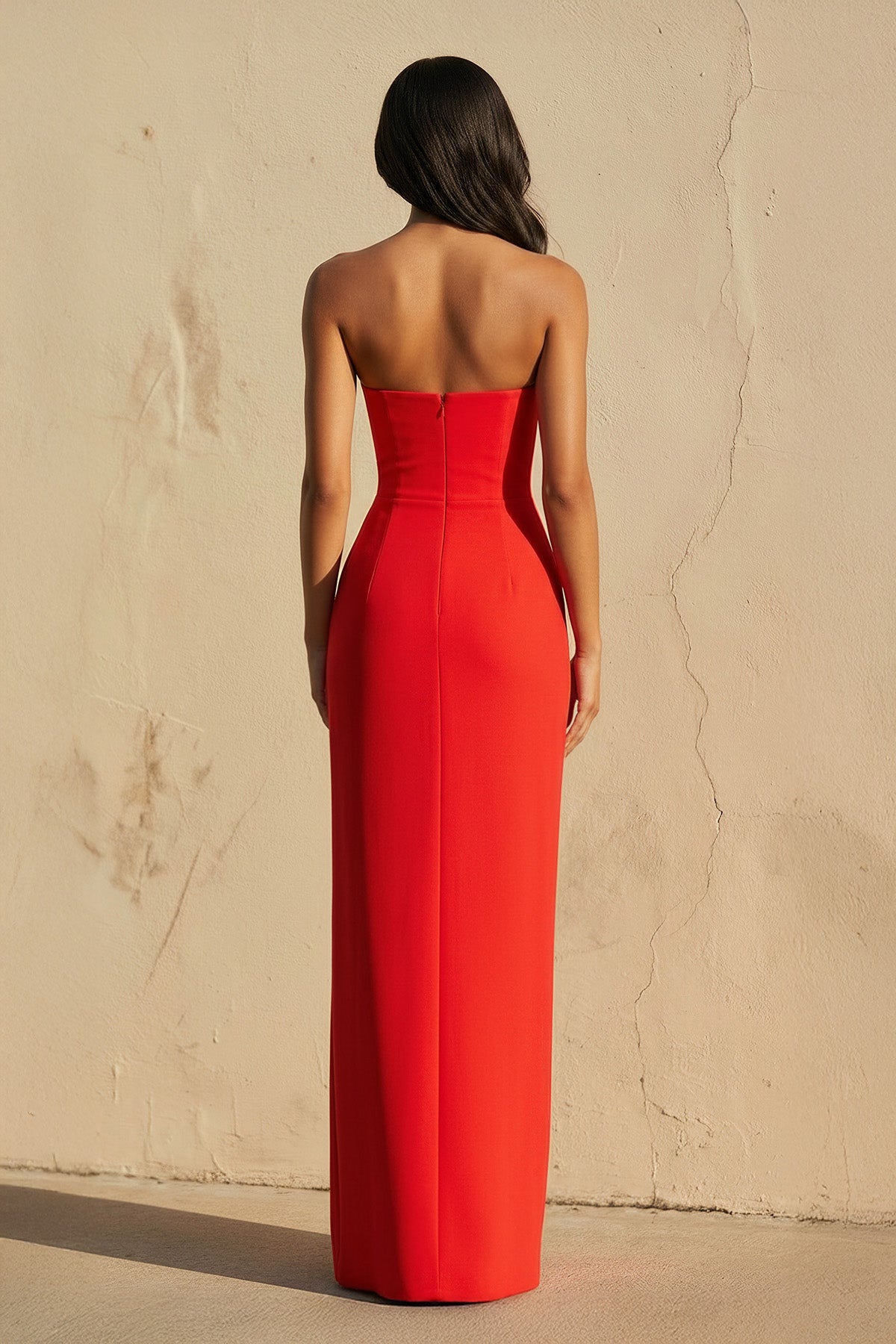 Robe longue rouge bustier avec fente - Harana