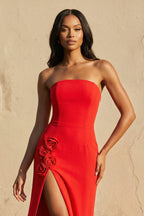 Robe longue rouge bustier avec fente - Harana