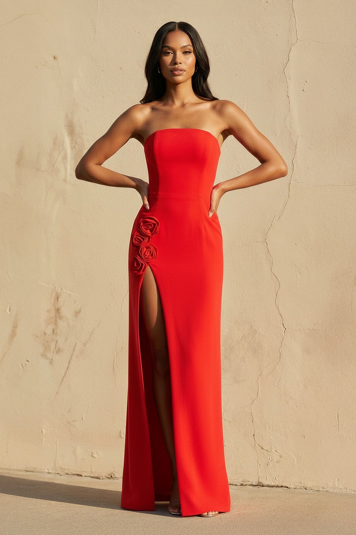 Robe longue rouge bustier avec fente - Harana