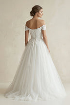 Robe de mariée blanc courte à épaules dénudées manches courtes à corset - Harana