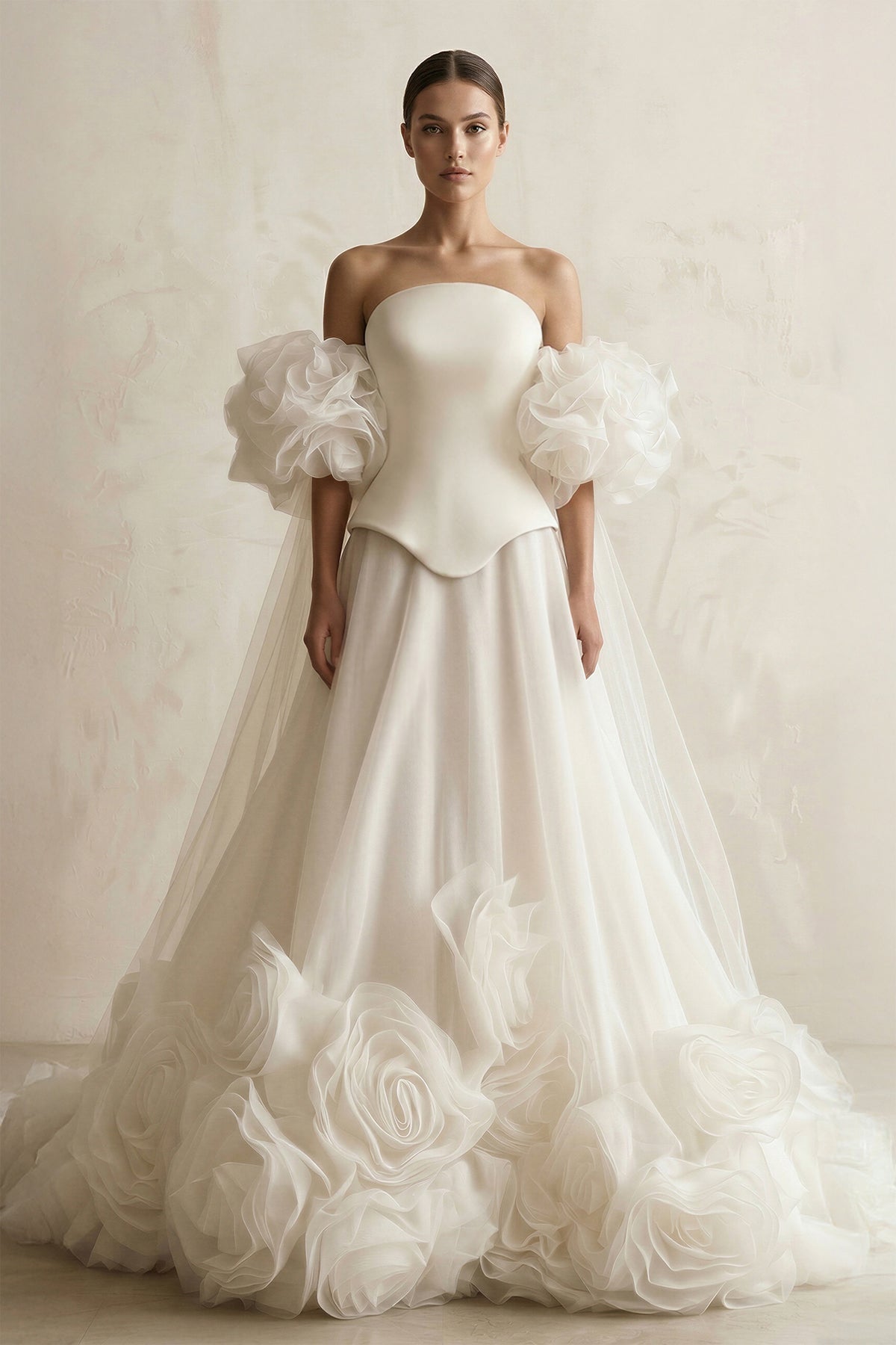 Robe de mariée ivoire courte à épaules dénudées bustier en tulle - Harana