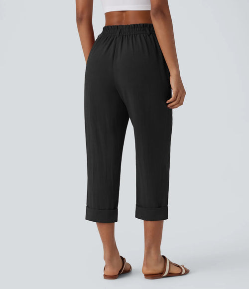 Pantalon capri taille haute effet lin - Harana