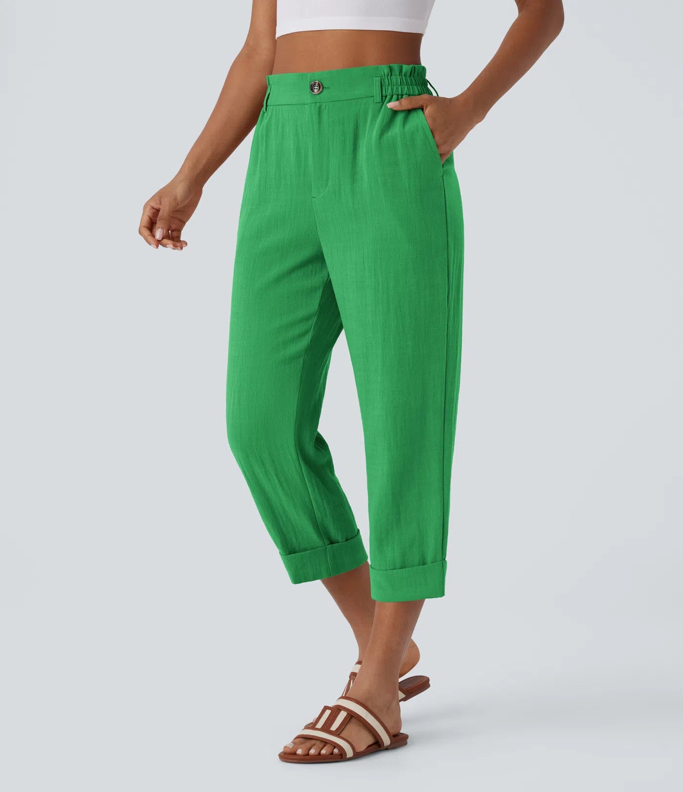 Pantalon capri taille haute effet lin - Harana