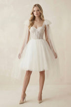 Robe de mariée courte ivoire en tulle sans manches à corset - Harana