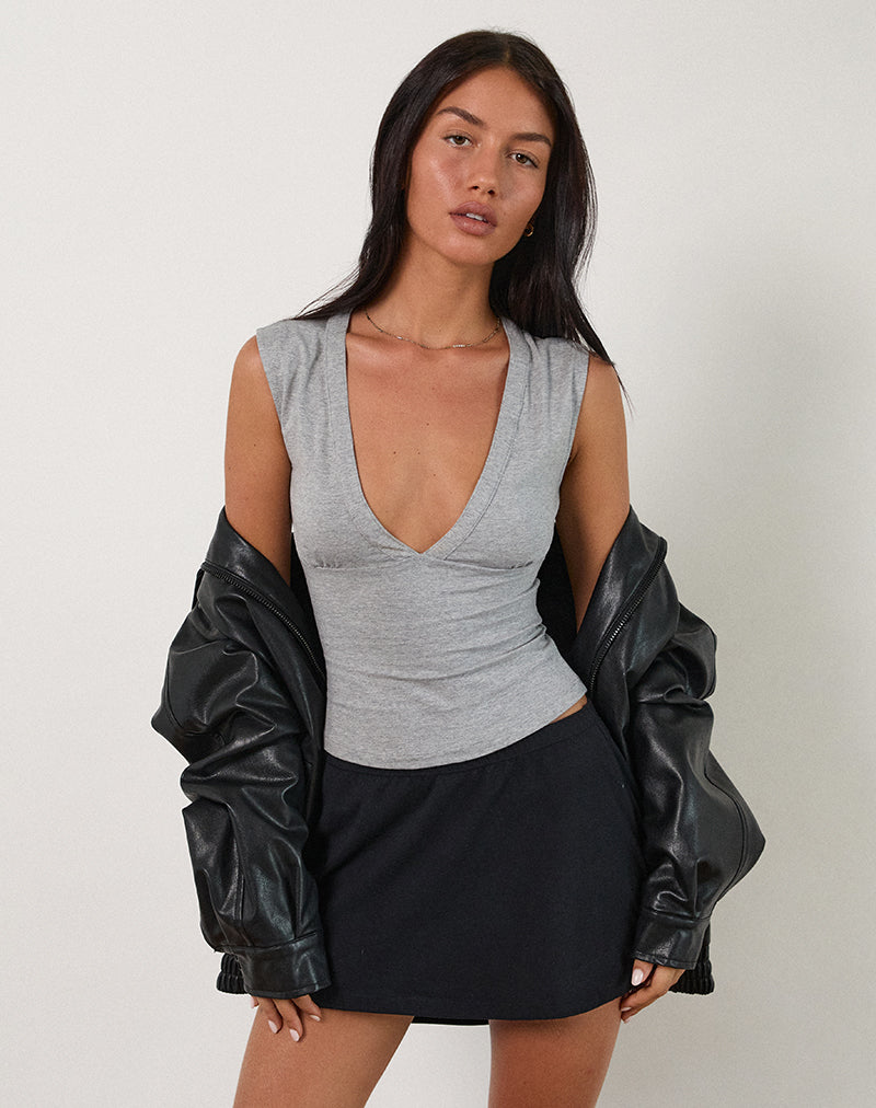 Top ajusté à décolleté plongeant gris chiné - Harana