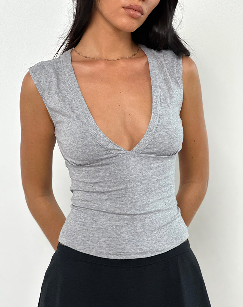 Top ajusté à décolleté plongeant gris chiné - Harana
