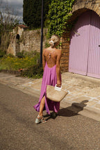 Robe longue mauve dos nu perlée - Harana