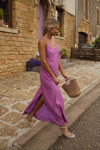 Robe longue mauve dos nu perlée - Harana