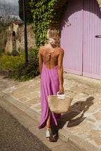 Robe longue mauve dos nu perlée - Harana