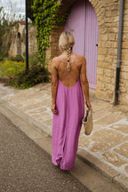 Robe longue mauve dos nu perlée - Harana