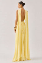 Robe longue citron à encolure bateau avec manches cape et dos ouvert - Harana