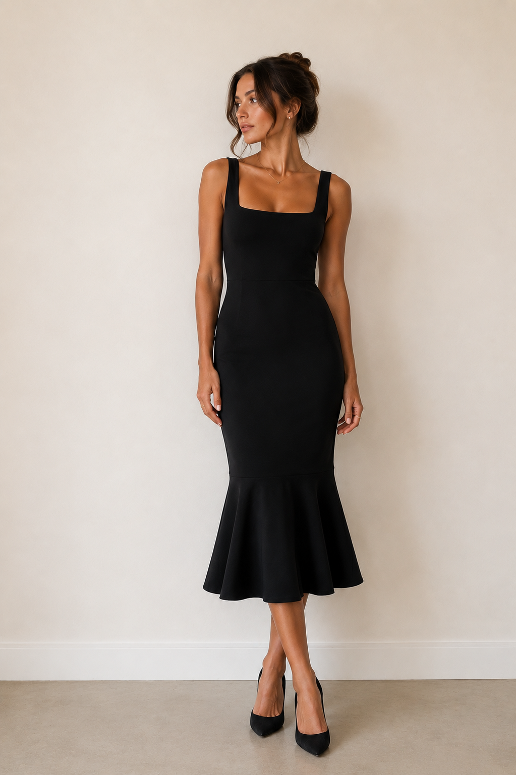 Robe noire midi coupe fourreau à encolure carrée dos nu - Harana