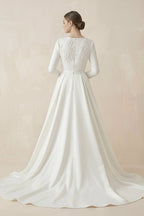 Robe de mariée blanche trapèze en satin manches longues - Harana