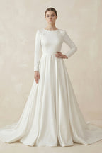 Robe de mariée blanche trapèze en satin manches longues - Harana