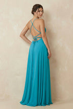 Robe demoiselle d’honneur blue jay longue à fines bretelles sans manches avec fente - Harana