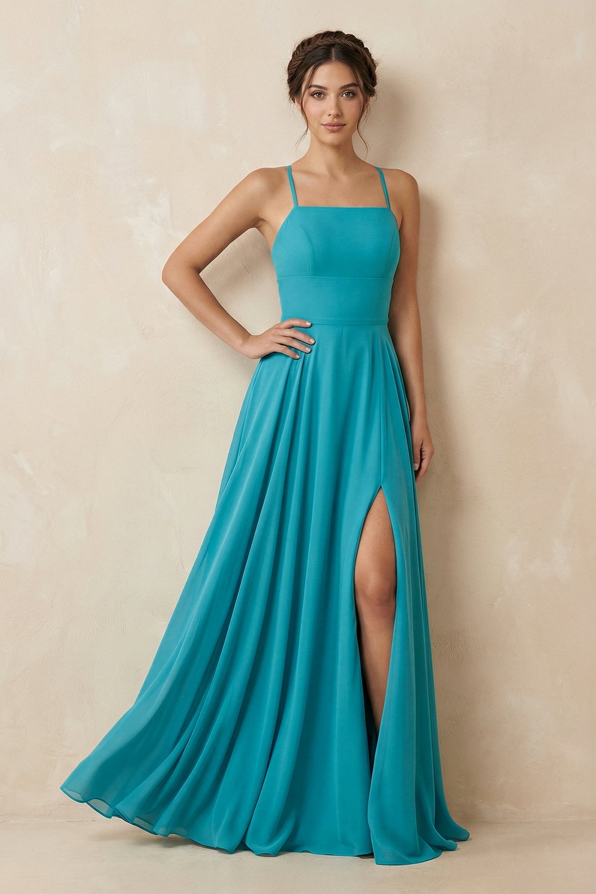 Robe demoiselle d’honneur blue jay longue à fines bretelles sans manches avec fente - Harana