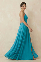 Robe demoiselle d’honneur blue jay longue à fines bretelles sans manches avec fente - Harana