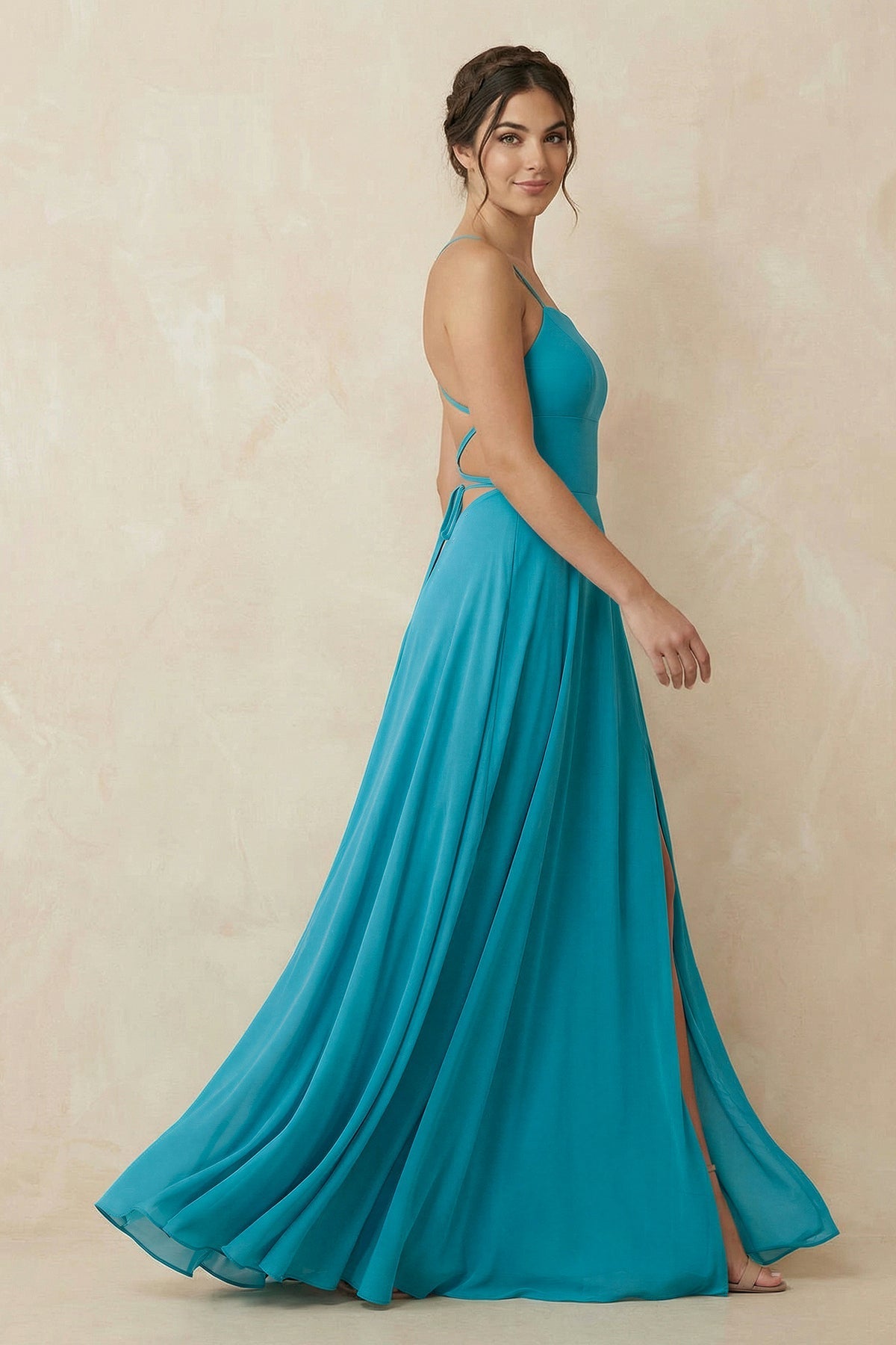Robe demoiselle d’honneur blue jay longue à fines bretelles sans manches avec fente - Harana