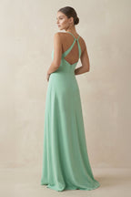 Robe demoiselle d’honneur pale pistachio longue à fines bretelles sans manches avec fente - Harana