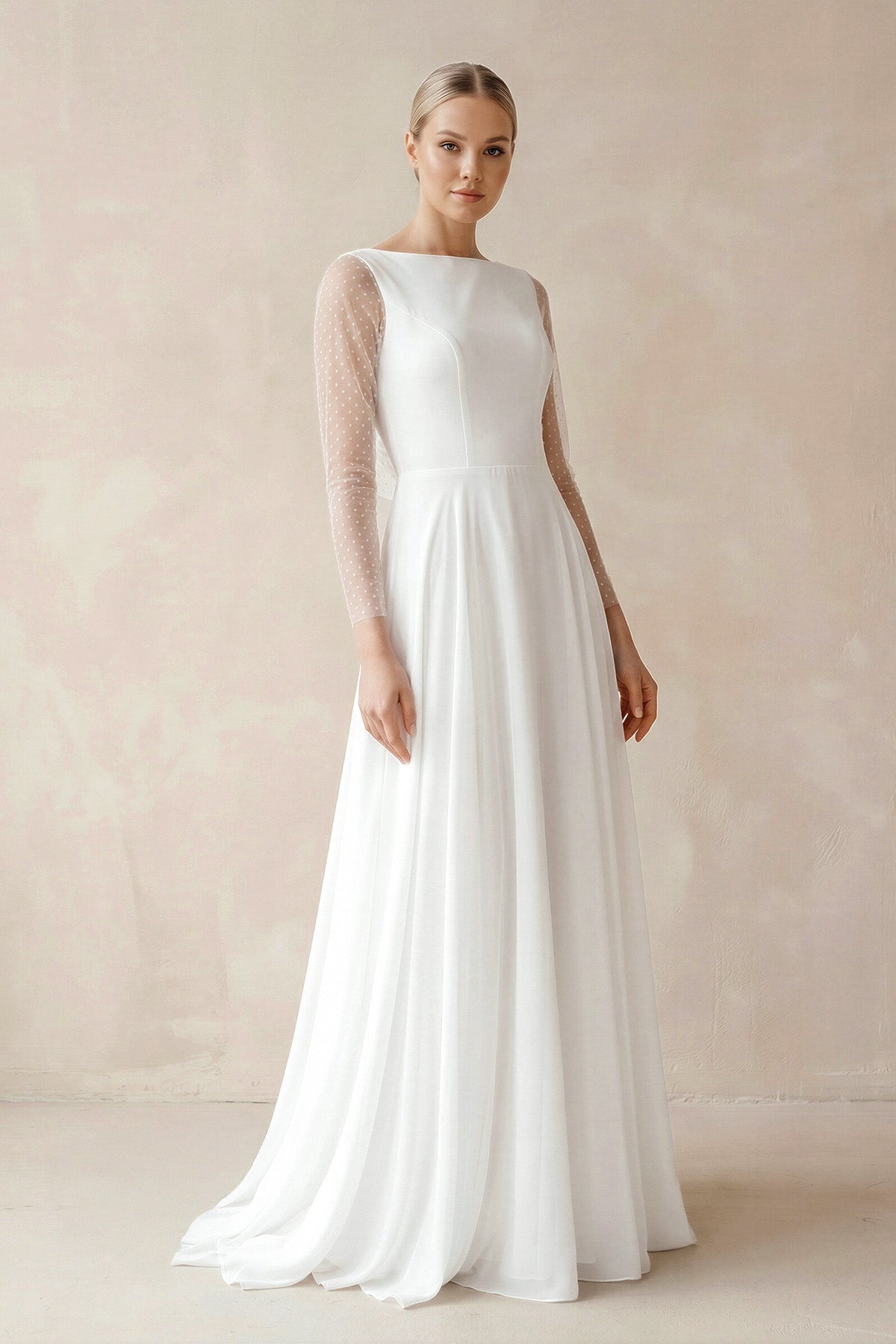 Robe de mariée blanche trapèze dentelle à fines bretelles manches longues - Harana