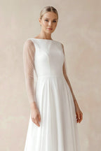 Robe de mariée blanche trapèze dentelle à fines bretelles manches longues - Harana