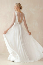 Robe de mariée blanche trapèze dentelle à fines bretelles manches longues - Harana