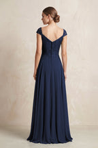 Robe demoiselle d’honneur bleu marine longue col V plissée en mousseline - Harana