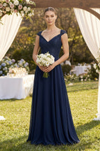 Robe demoiselle d’honneur bleu marine longue col V plissée en mousseline - Harana