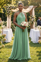 Robe demoiselle d’honneur vert d’eau longue dos nu sans manches froncée - Harana
