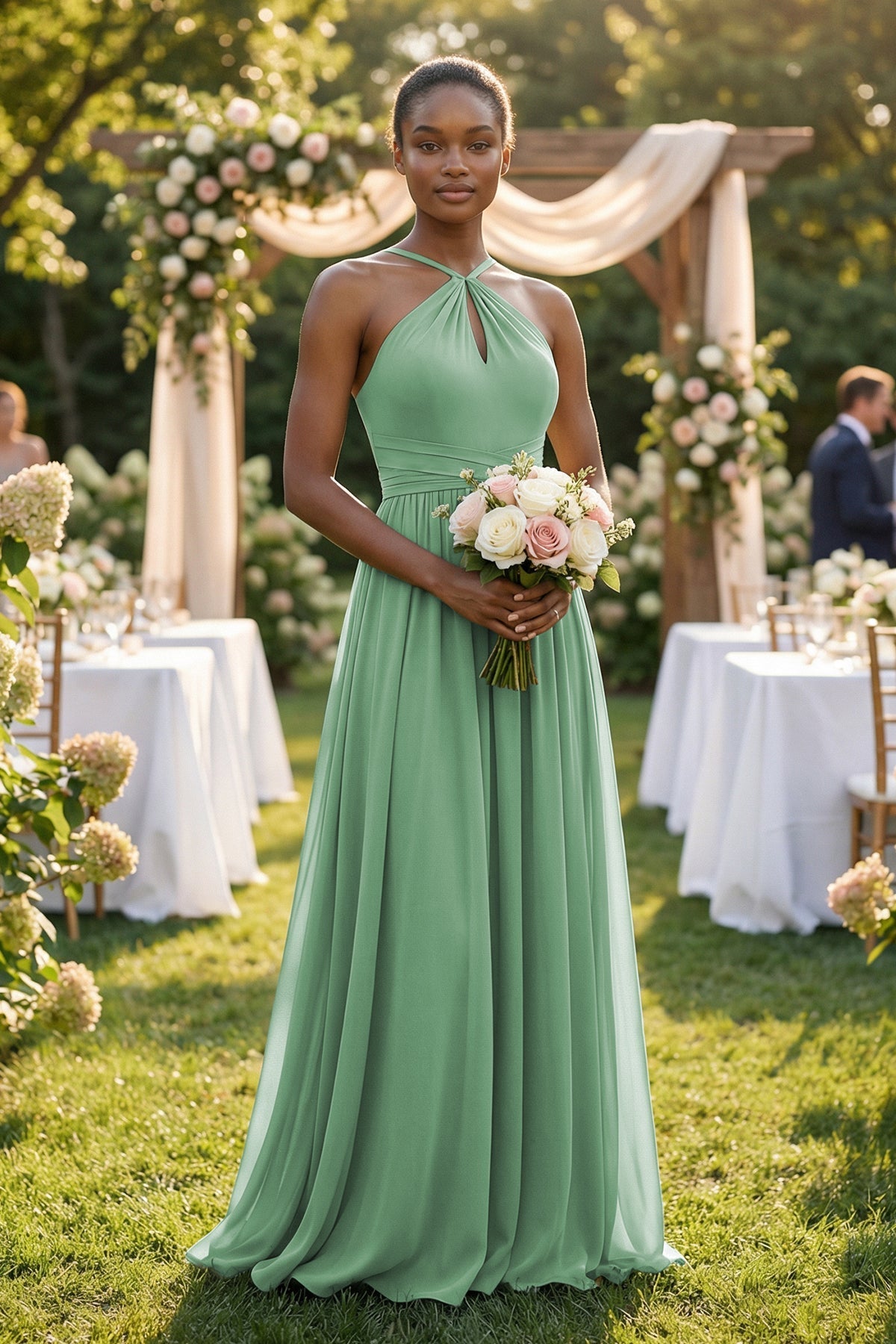 Robe demoiselle d’honneur vert d’eau longue dos nu sans manches froncée - Harana