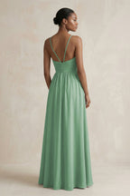 Robe demoiselle d’honneur vert d’eau longue dos nu sans manches froncée - Harana