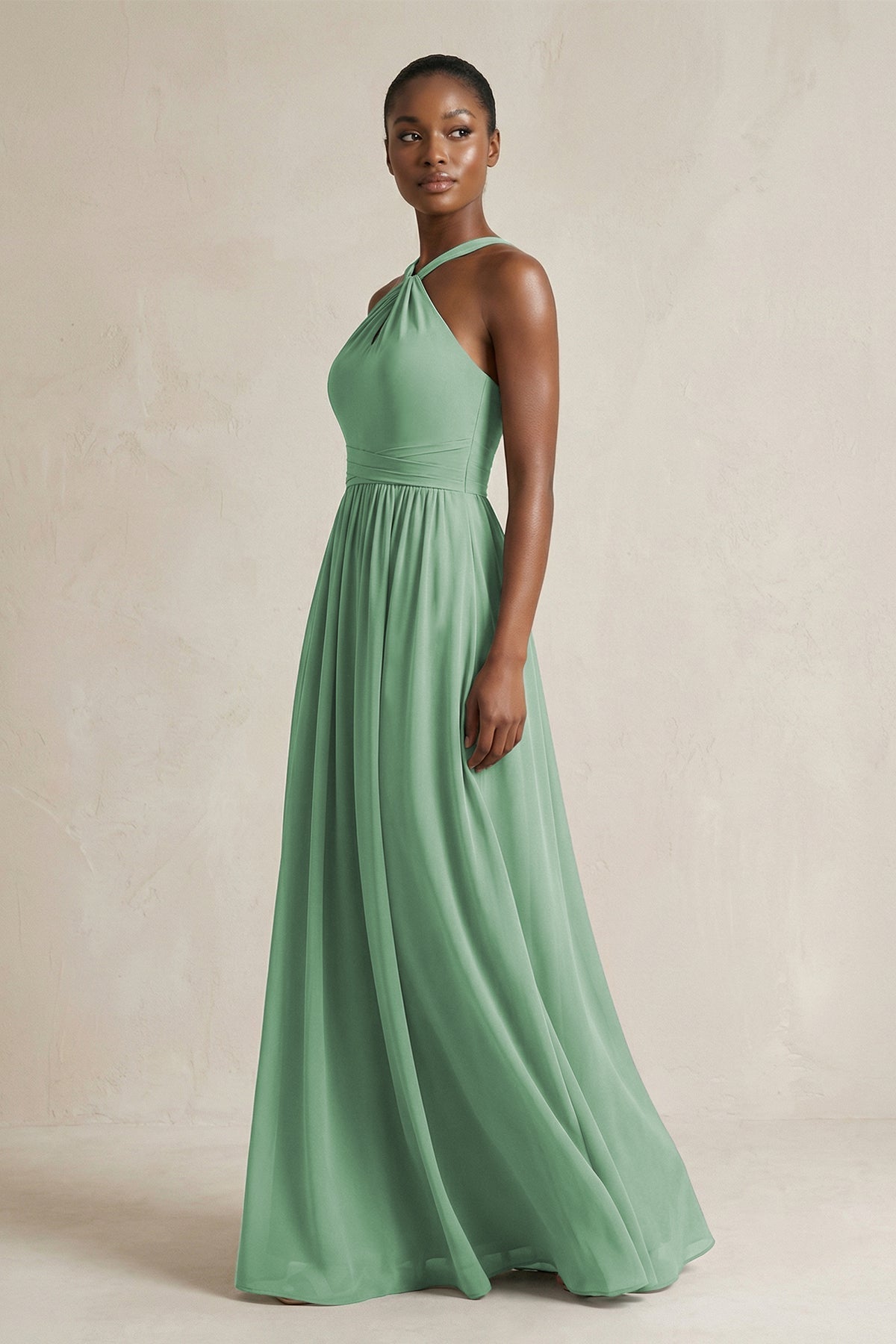Robe demoiselle d’honneur vert d’eau longue dos nu sans manches froncée - Harana