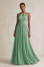 Robe demoiselle d’honneur vert d’eau longue dos nu sans manches froncée - Harana
