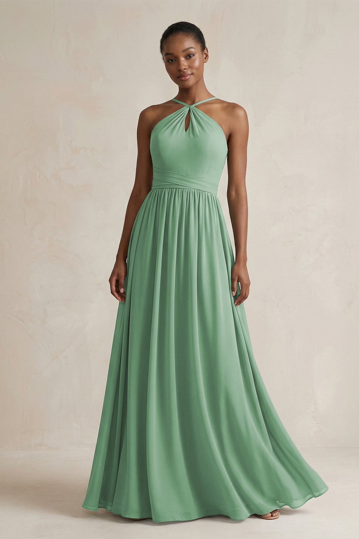Robe demoiselle d’honneur vert d’eau longue dos nu sans manches froncée - Harana