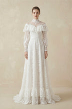 Robe de mariée blanche trapèze en dentelle manches longues à volants - Harana