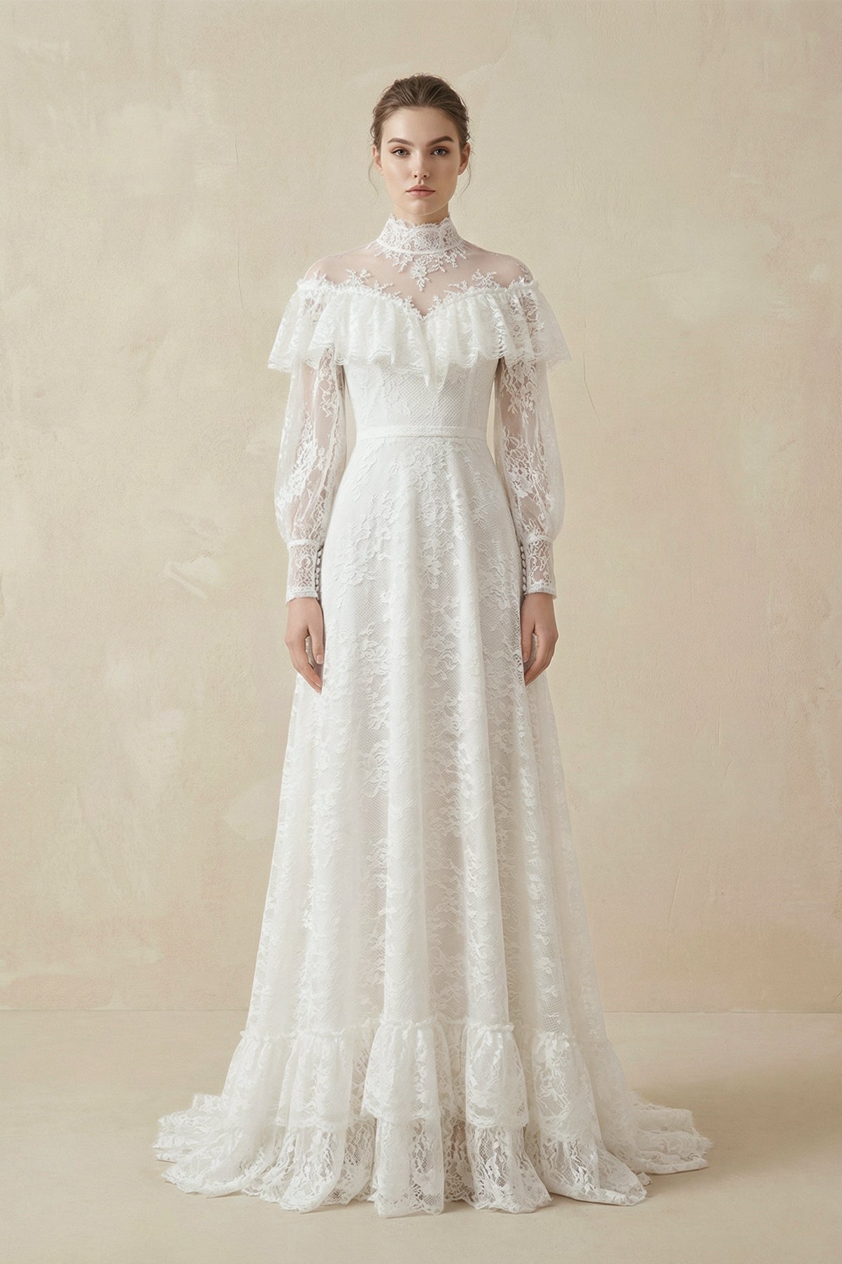 Robe de mariée blanche trapèze en dentelle manches longues à volants - Harana