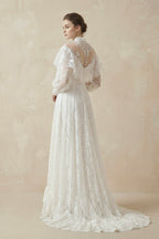 Robe de mariée blanche trapèze en dentelle manches longues à volants - Harana