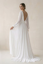 Robe de mariée blanche trapèze mousseline manches longues - Harana