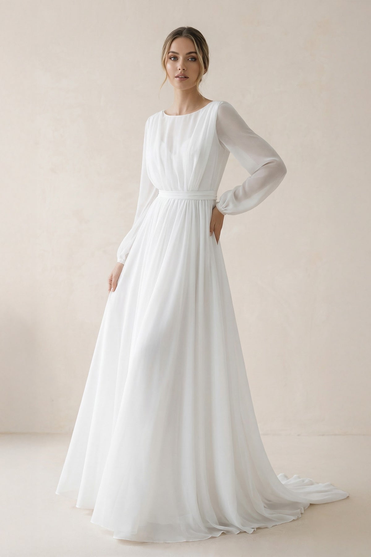 Robe de mariée blanche trapèze mousseline manches longues - Harana