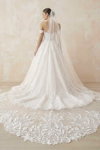 Robe de mariée ivoire longue à épaules dénudées à dentelle en tulle - Harana
