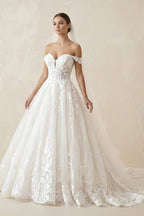 Robe de mariée ivoire longue à épaules dénudées à dentelle en tulle - Harana