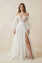 Robe de mariée ivoire longue à épaules dénudées avec fente à dentelle - Harana