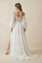 Robe de mariée ivoire longue à épaules dénudées avec fente à dentelle - Harana