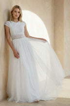 Robe de mariée blanche trapèze dentelle manches courtes - Harana